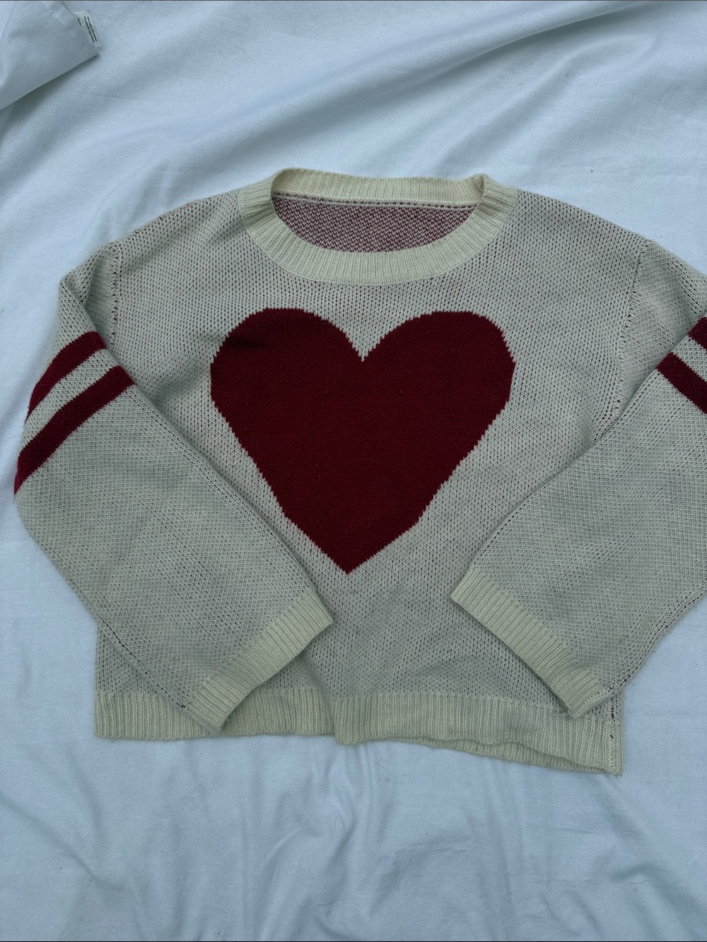Amazon Cream Crewneck Sweater with Red Heart and Sleeve Stripes